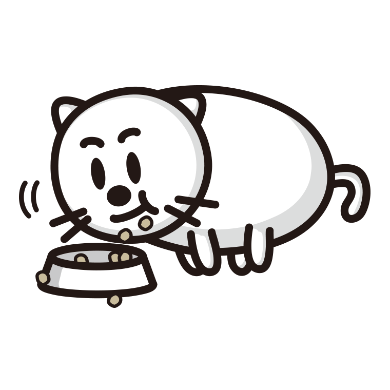 ごはんをモリモリ食べる太ったネコちゃんのイラスト【色あり、背景なし】透過PNG