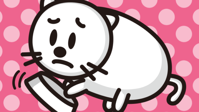 ごはんをもっと食べたい太ったネコちゃんのイラスト【色、背景あり】PNG