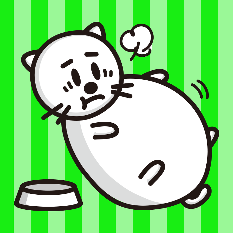 ごはんを食べて満腹な太ったネコちゃんのイラスト【色、背景あり】PNG