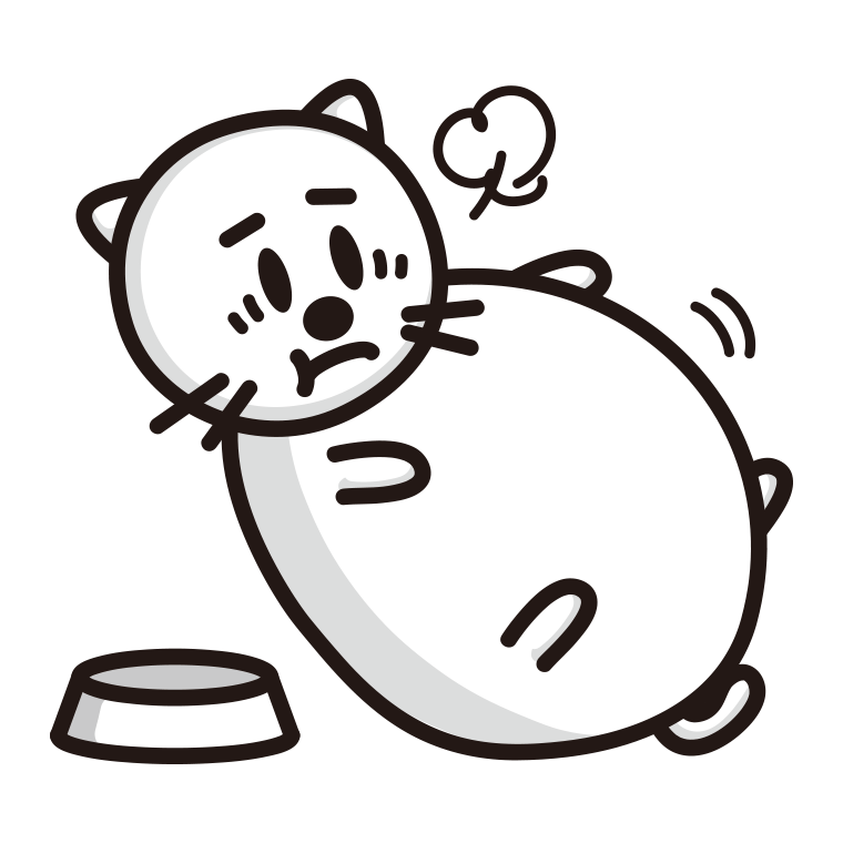 ごはんを食べて満腹な太ったネコちゃんのイラスト【色あり、背景なし】透過PNG