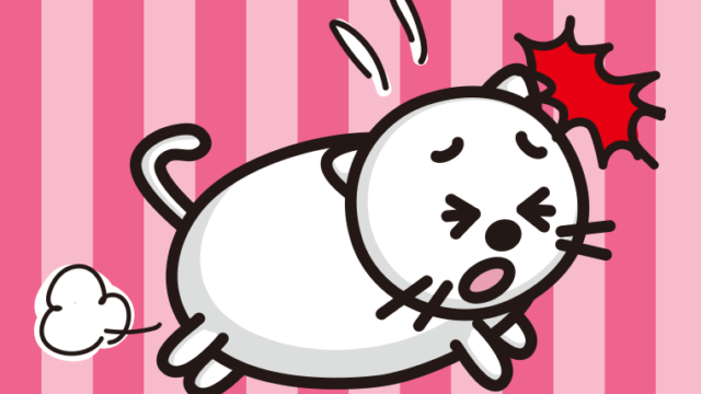 ぶつかる太ったネコちゃんのイラスト【色、背景あり】PNG