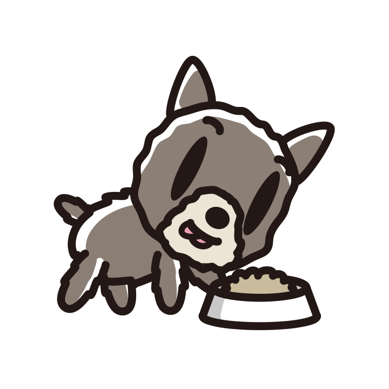 ごはんを食べるヨーキーちゃん（犬）のイラスト【色あり、背景なし】透過PNG