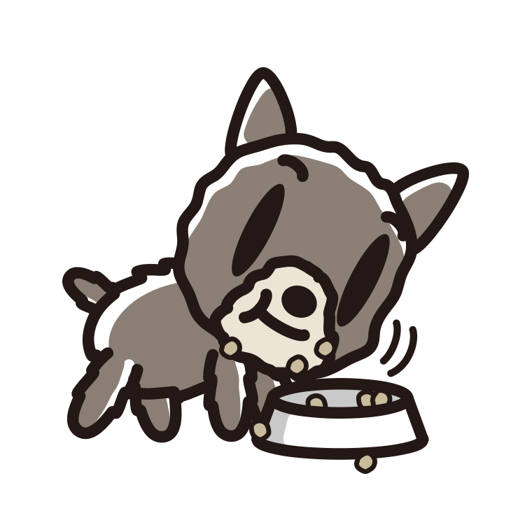 ごはんをモリモリ食べるヨーキーちゃん（犬）のイラスト【色あり、背景なし】透過PNG