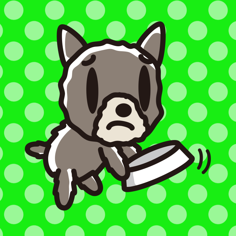 ごはんをもっと食べたいヨーキーちゃん（犬）のイラスト【色、背景あり】PNG