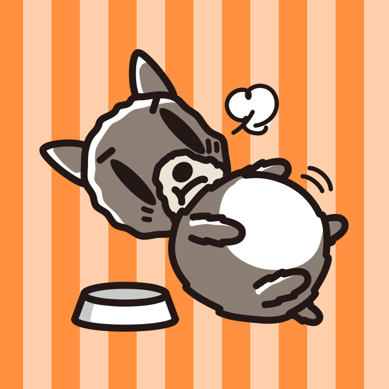 ごはんを食べて満腹なヨーキーちゃん（犬）のイラスト【色、背景あり】PNG