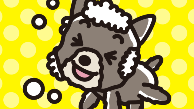 体を洗うヨーキーちゃん（犬）のイラスト【色、背景あり】PNG