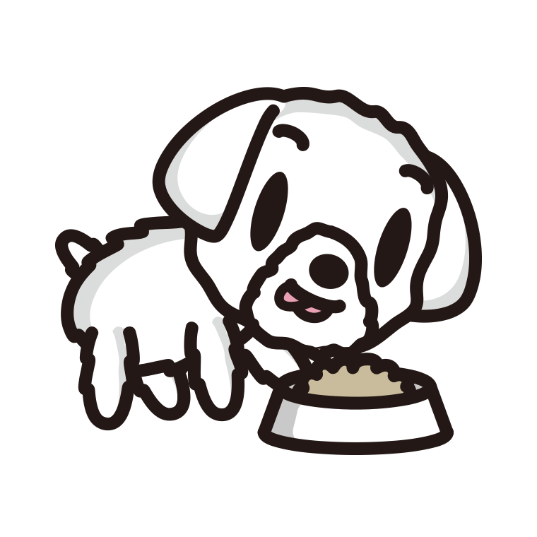 ごはんを食べるマルチーズちゃん（犬）のイラスト【色あり、背景なし】透過PNG