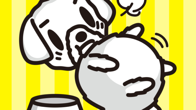 ごはんを食べて満腹なマルチーズちゃん（犬）のイラスト【色、背景あり】PNG