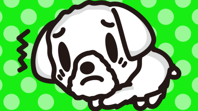 具合が悪いマルチーズちゃん（犬）のイラスト【色、背景あり】PNG