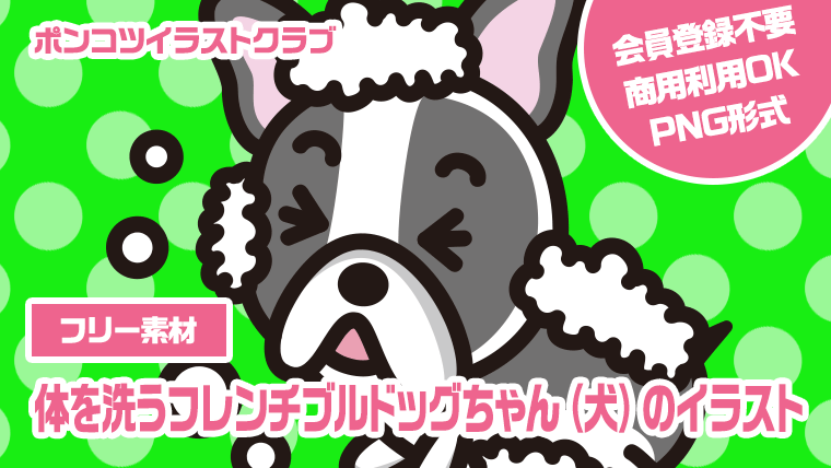 【フリー素材】体を洗うフレンチブルドッグちゃん（犬）のイラスト