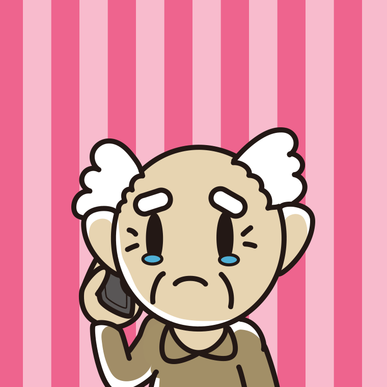 スマホで電話して泣くおじいさんのイラスト【色、背景あり】PNG