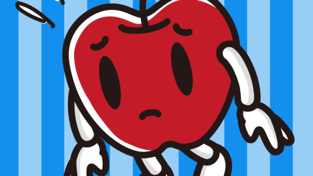 悲しそうなりんごちゃんのイラスト【色、背景あり】PNG