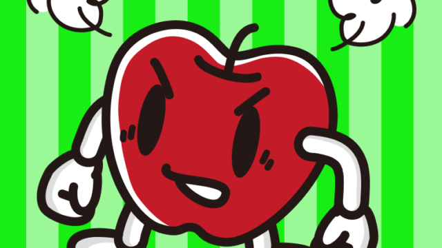 怒るりんごちゃんのイラスト【色、背景あり】PNG