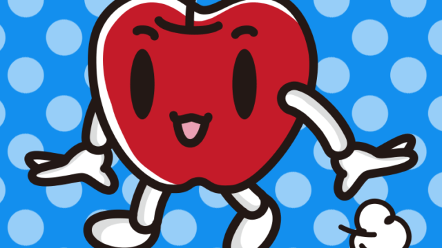 歩くりんごちゃんのイラスト【色、背景あり】PNG