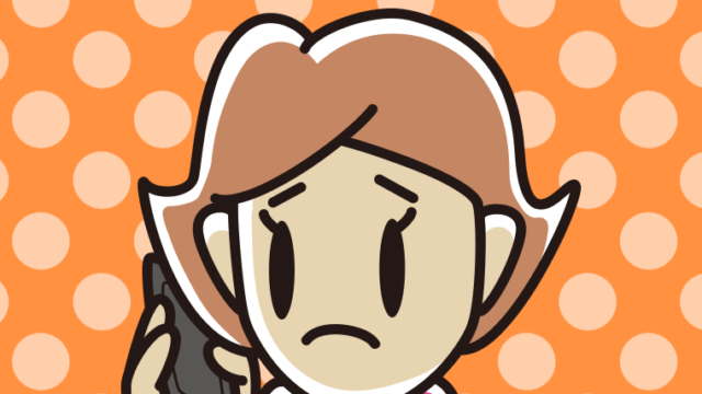 スマホで電話して困る女性のイラスト【色、背景あり】PNG