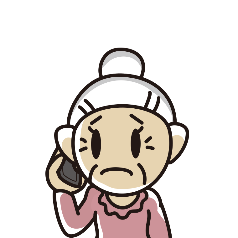 スマホで電話して困るおばあさんのイラスト【色あり、背景なし】透過PNG