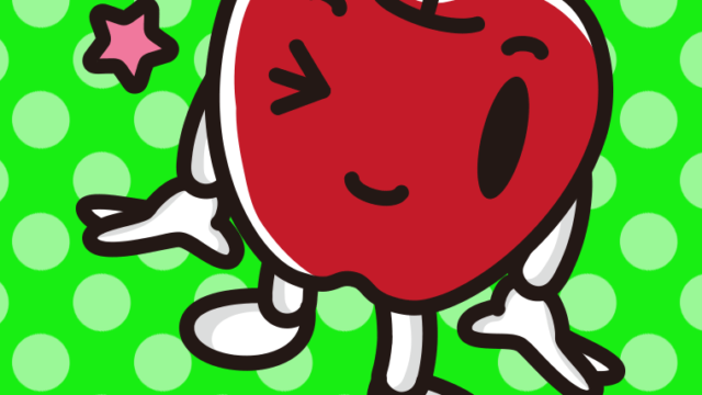 ウインクするりんごちゃんのイラスト【色、背景あり】PNG