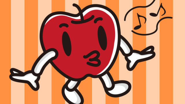 口笛を吹くりんごちゃんのイラスト【色、背景あり】PNG