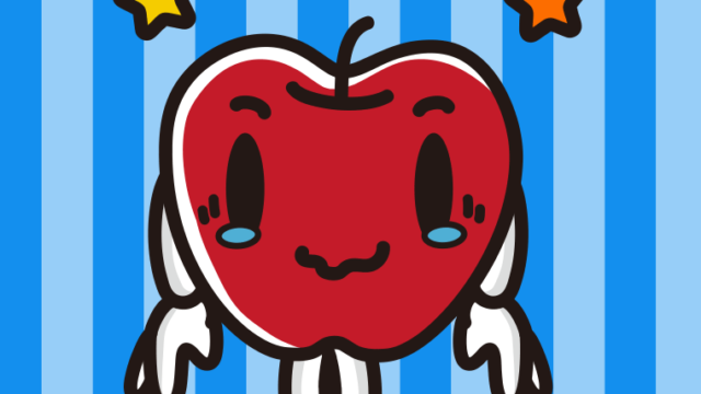 ジーンとするりんごちゃんのイラスト【色、背景あり】PNG