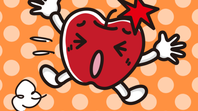 ぶつかるりんごちゃんのイラスト【色、背景あり】PNG