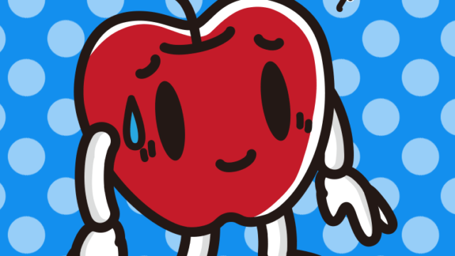 苦笑いするりんごちゃんのイラスト【色、背景あり】PNG