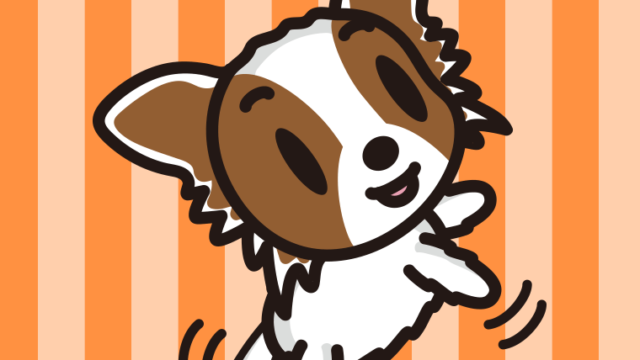 立つパピヨンちゃん（犬）のイラスト【色、背景あり】PNG