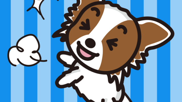 喜ぶパピヨンちゃん（犬）のイラスト【色、背景あり】PNG