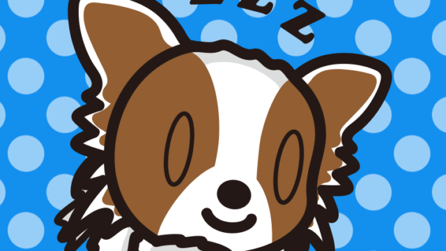 眠っているパピヨンちゃん（犬）のイラスト【色、背景あり】PNG