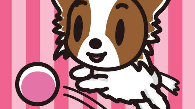 ボールを追うパピヨンちゃん（犬）のイラスト【色、背景あり】PNG