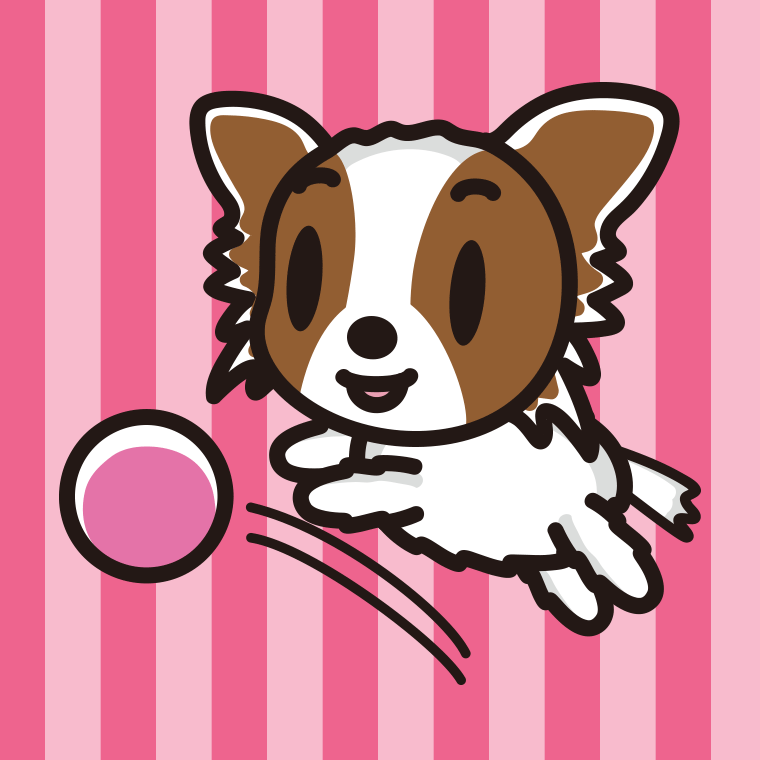 ボールを追うパピヨンちゃん（犬）のイラスト【色、背景あり】PNG