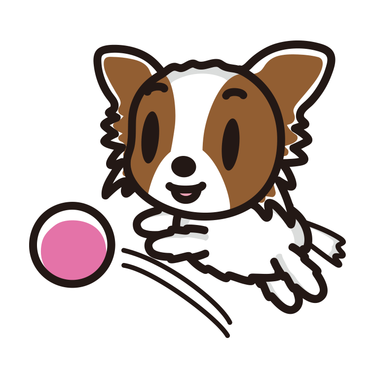 ボールを追うパピヨンちゃん（犬）のイラスト【色あり、背景なし】透過PNG