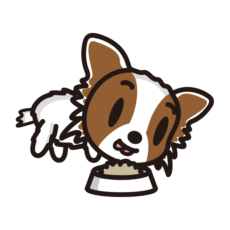 ごはんを食べるパピヨンちゃん（犬）のイラスト【色あり、背景なし】透過PNG