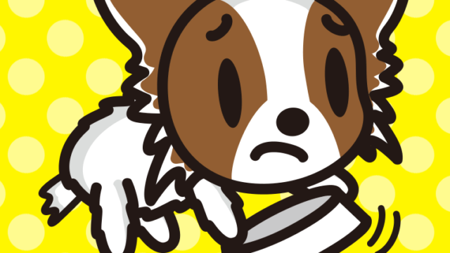 ごはんをもっと食べたいパピヨンちゃん（犬）のイラスト【色、背景あり】PNG