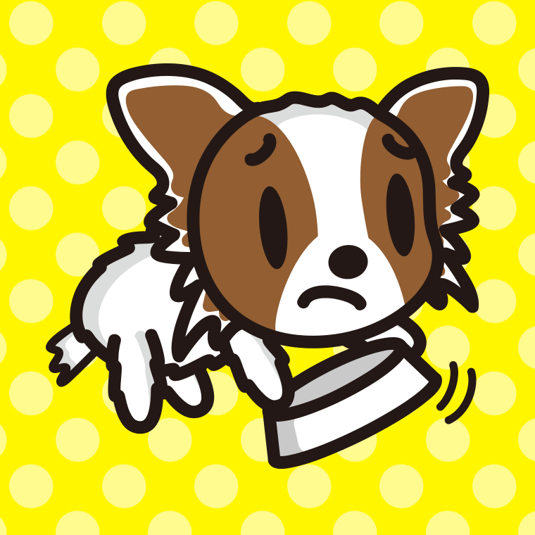 ごはんをもっと食べたいパピヨンちゃん（犬）のイラスト【色、背景あり】PNG