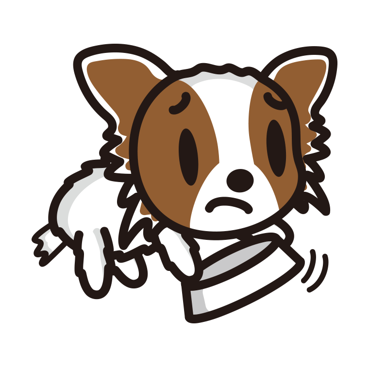 ごはんをもっと食べたいパピヨンちゃん（犬）のイラスト【色あり、背景なし】透過PNG