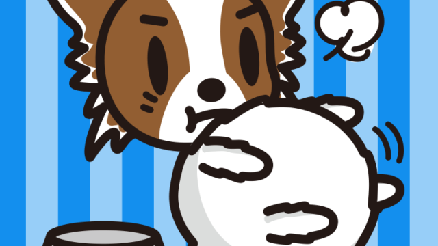 ごはんを食べて満腹なパピヨンちゃん（犬）のイラスト【色、背景あり】PNG