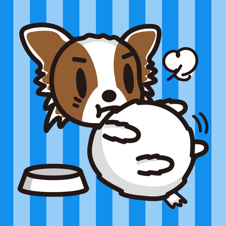 ごはんを食べて満腹なパピヨンちゃん（犬）のイラスト【色、背景あり】PNG