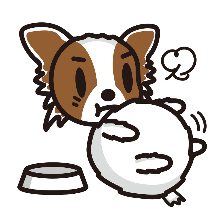 ごはんを食べて満腹なパピヨンちゃん（犬）のイラスト【色あり、背景なし】透過PNG