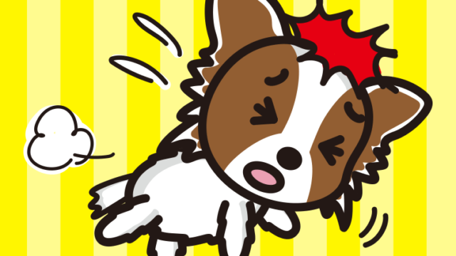 ぶつかるパピヨンちゃん（犬）のイラスト【色、背景あり】PNG