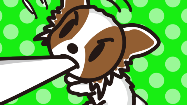 くわえて引っ張るパピヨンちゃん（犬）のイラスト【色、背景あり】PNG