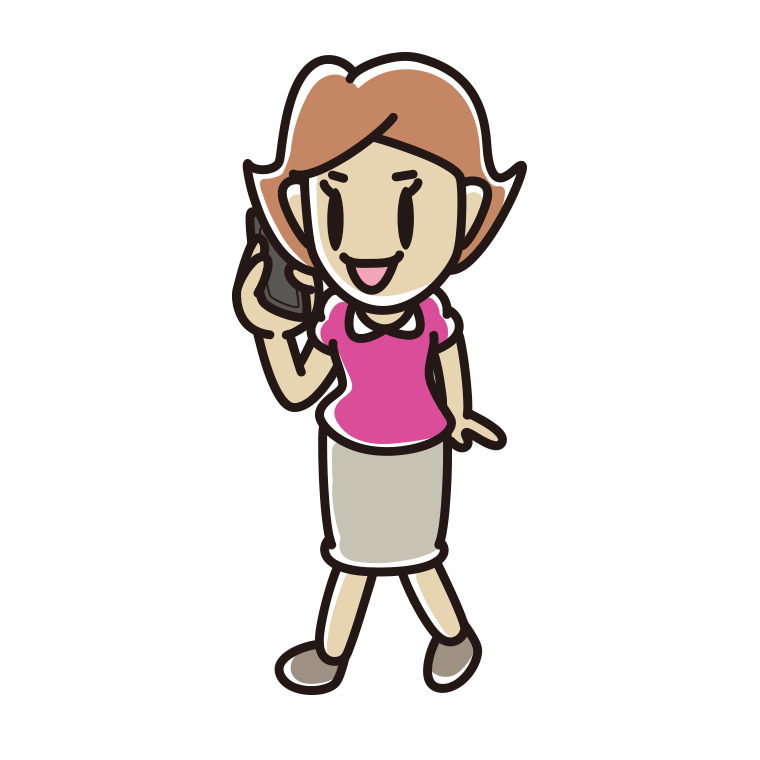 歩きながらスマホで電話する女性のイラスト【色あり、背景なし】透過PNG