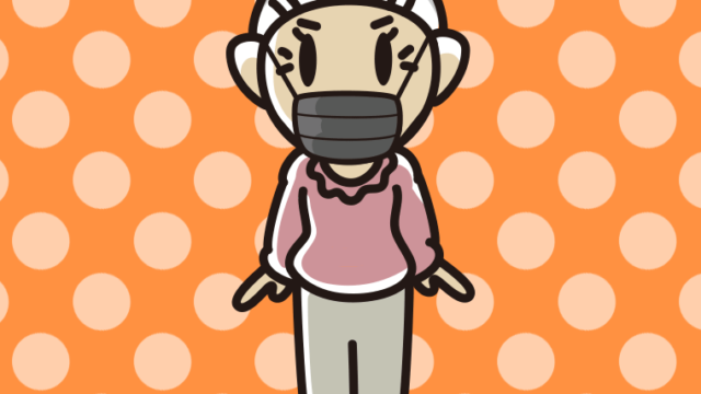 黒マスクをするおばあさんのイラスト【色、背景あり】PNG