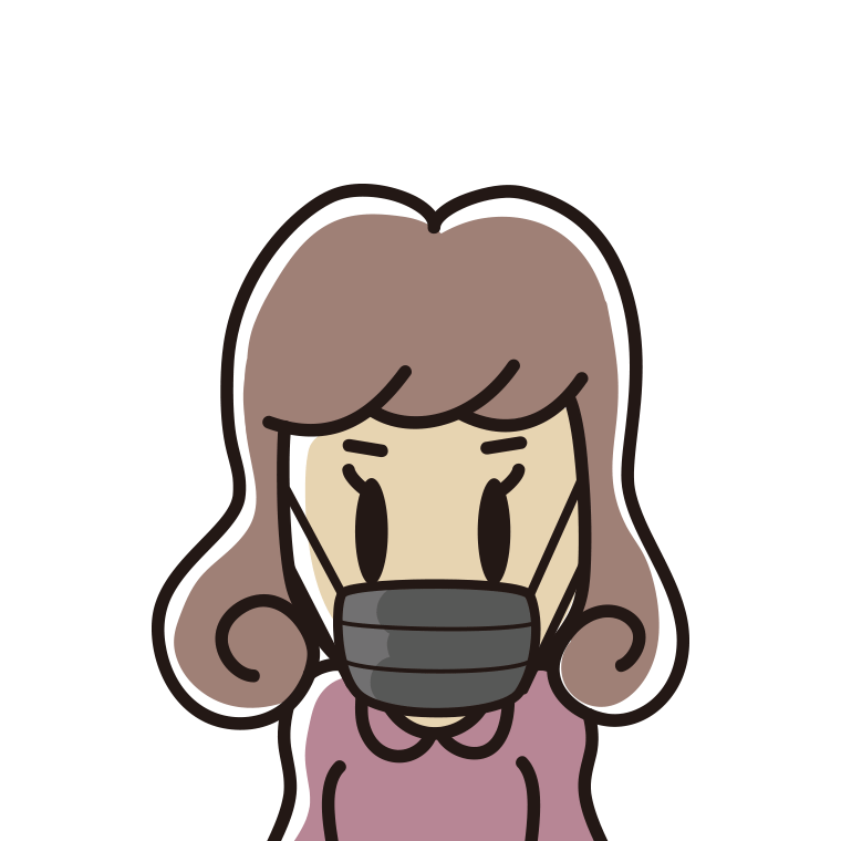 黒マスクをする女子大学生の顔のイラスト【色あり、背景なし】透過PNG
