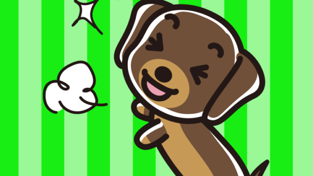 喜ぶミニチュアダックスフンドちゃん（犬）のイラスト【色、背景あり】PNG