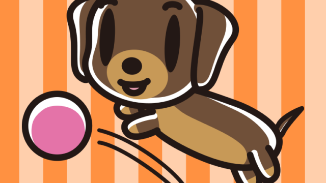 ボールを追うミニチュアダックスフンドちゃん（犬）のイラスト【色、背景あり】PNG