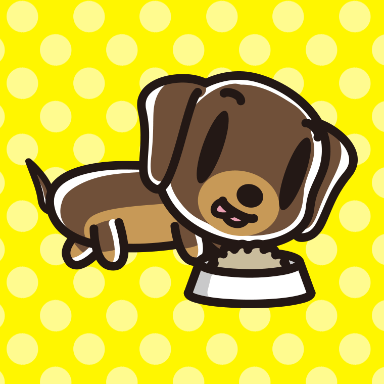 ごはんを食べるミニチュアダックスフンドちゃん（犬）のイラスト【色、背景あり】PNG