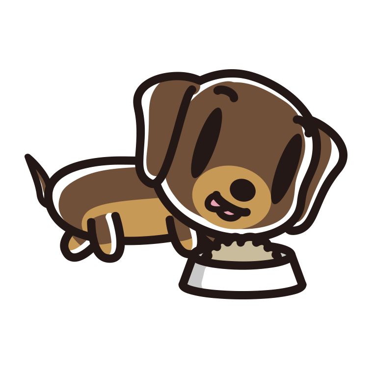ごはんを食べるミニチュアダックスフンドちゃん（犬）のイラスト【色あり、背景なし】透過PNG