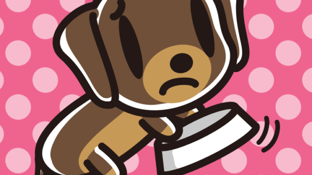 ごはんをもっと食べたいミニチュアダックスフンドちゃん（犬）のイラスト【色、背景あり】PNG