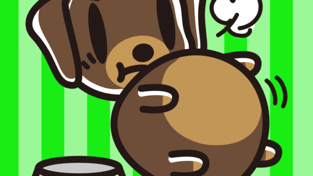 ごはんを食べて満腹なミニチュアダックスフンドちゃん（犬）のイラスト【色、背景あり】PNG