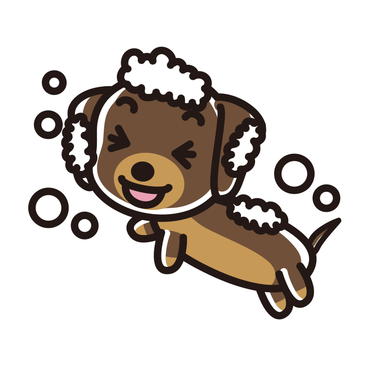 体を洗うミニチュアダックスフンドちゃん（犬）のイラスト【色あり、背景なし】透過PNG